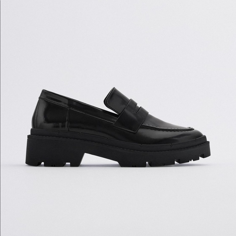 ZARA Black Thick Lug Treaded Sole Loafer Penny